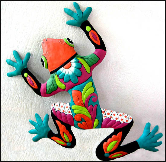 Hand painted frog wall hanging - Tropical metal garden art - Handcrafted in Haiti from recycled steel drums